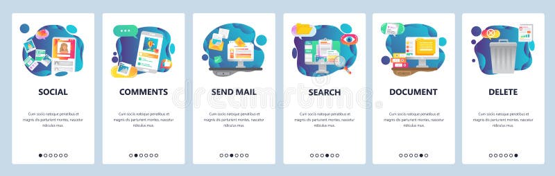 Mobile app onboarding screens. Social media network, photo sharing and computer services. Menu vector banner template royalty free illustration Mobile app onboarding screens. Social media network, photo sharing and computer services. Menu vector banner template royalty free illustration