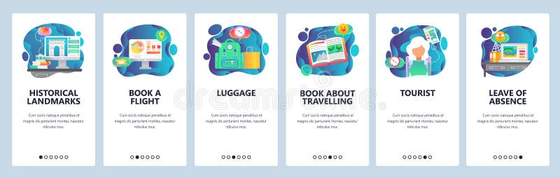 Mobile app onboarding screens. Travel, book flight, backpacking, tourist. Menu vector banner template for website and royalty free illustration
