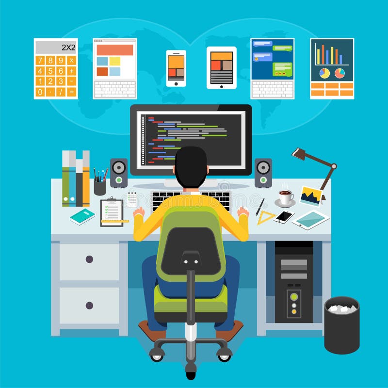 Mobile application developer. Programmer working on computer stock illustration