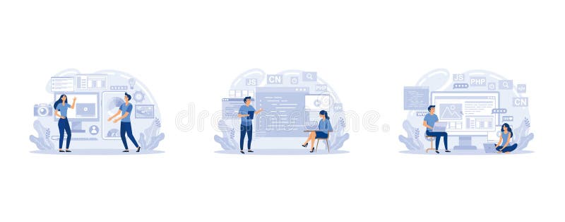 Mobile application development process, Creative concept website interface, digital app banners with flat cartoon programming team stock illustration
