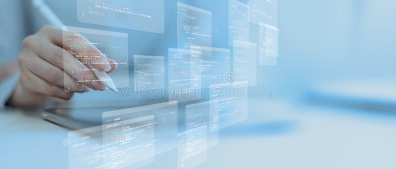Mobile Application Development and Software Programming Visualization on Smartphone stock image