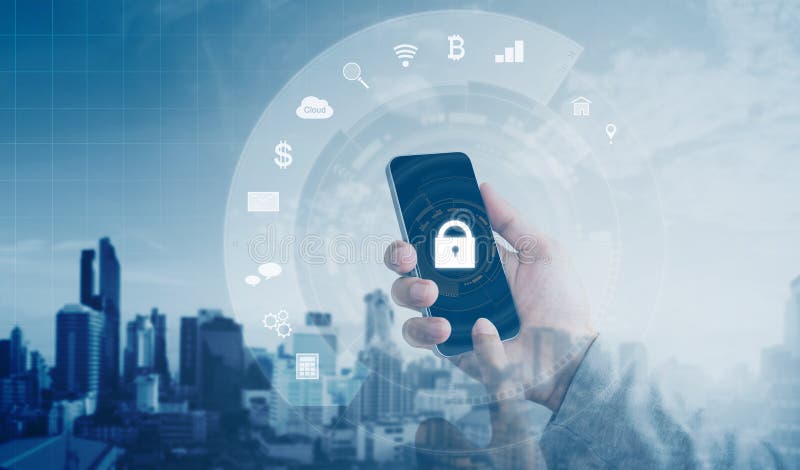 Mobile application and internet online security system. Hand using mobile smart phone with lock and application icons royalty free stock images