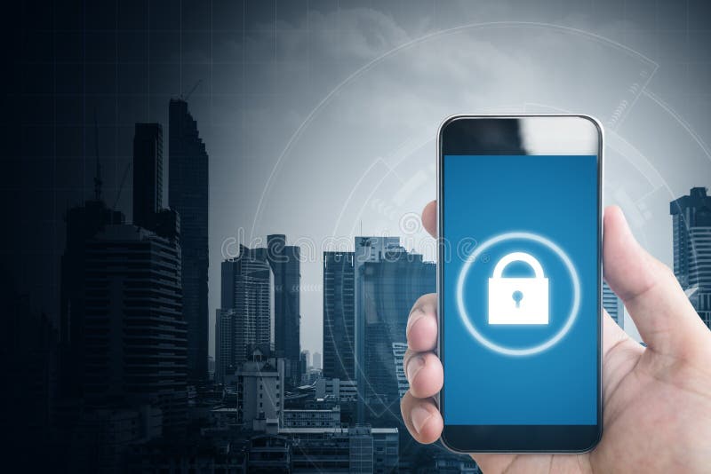 Mobile application and internet online security system. Hand using mobile smart phone and lock icons on screen stock image