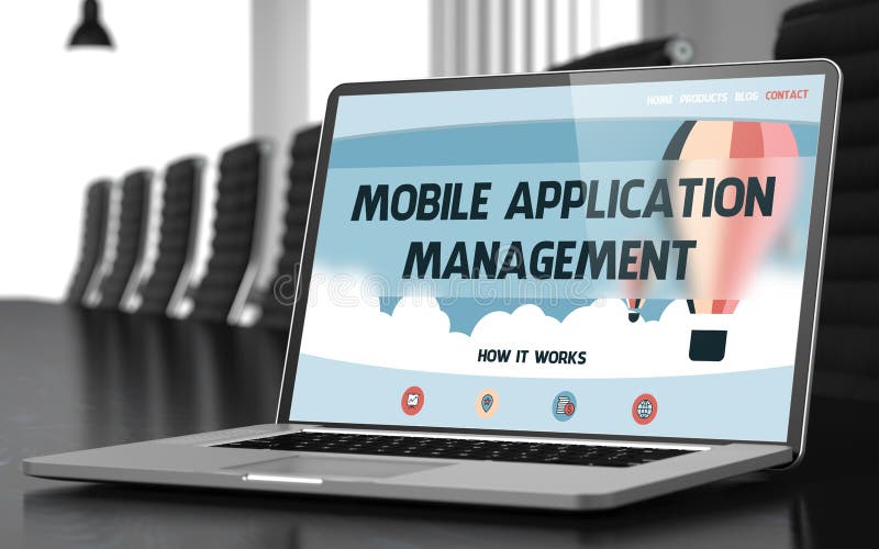 Mobile Application Management on Laptop in Meeting Room. 3D. stock photo
