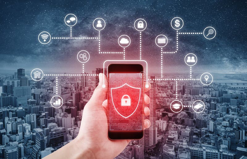 Mobile application and online data security system technology. Hand using mobile smart phone with lock and application icon stock photos