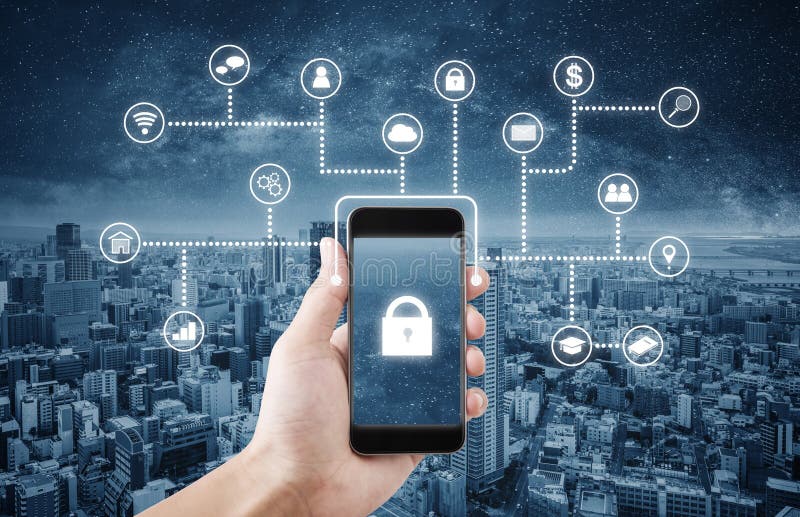 Mobile application and online data security system technology. Hand using mobile smart phone with lock and application icon stock photo