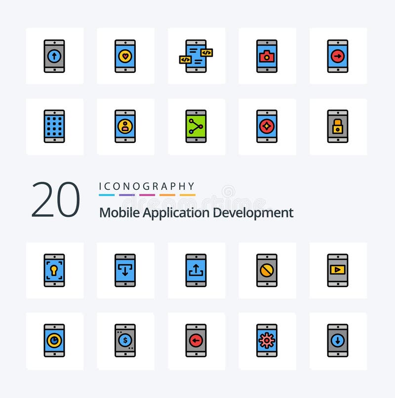 20 mobile Applikations-Entwicklungslinie gefüllt Farbe Icon Pack wie Anwendung behinderte mobile Anwendung deaktiviert Handy-Anwen stock abbildung
