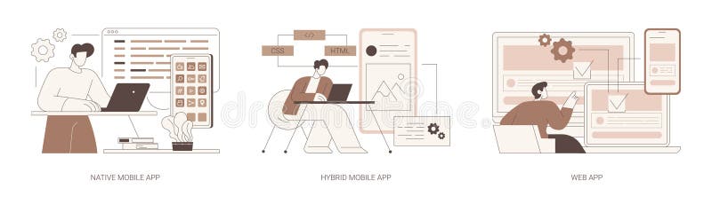 Mobile apps isolated cartoon vector illustrations se set man with laptop and smartphone coding native app diverse people discuss vector illustratie