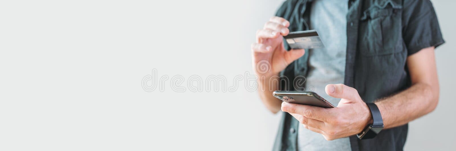 Mobile banking and shopping online panoramic image stock photo