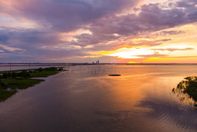 Mobile Bay, Alabama Causeway Stock Image Image of river, twilight