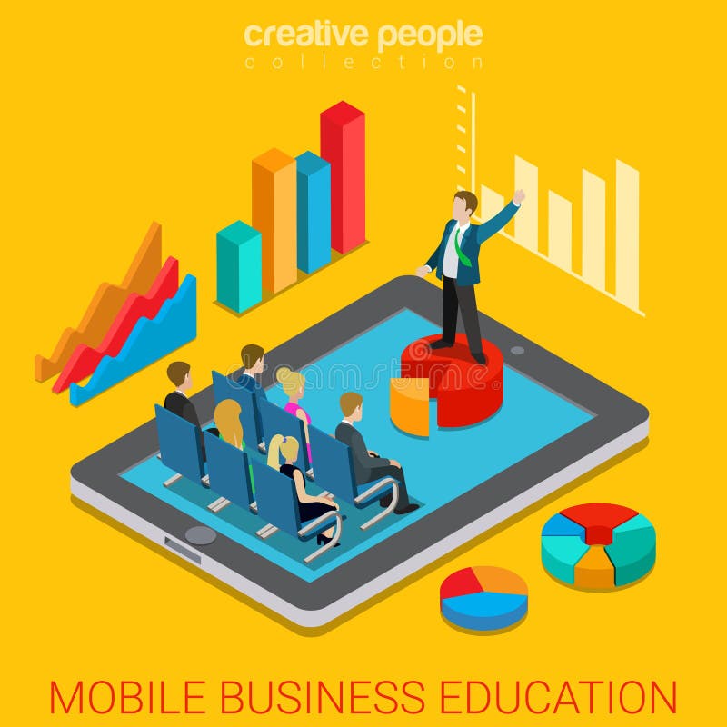 Mobile business education online course flat 3d isometric vector vector illustration