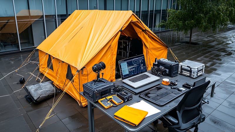 Mobile Command Center z namiotem i technologią na płytach mokrych royalty ilustracja