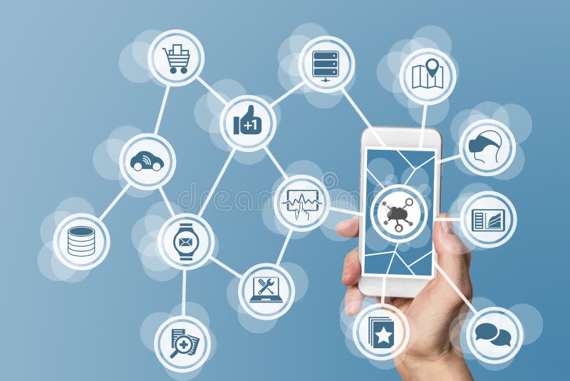 Mobile computing in the cloud with hand holding modern smart phone with touch screen stock image