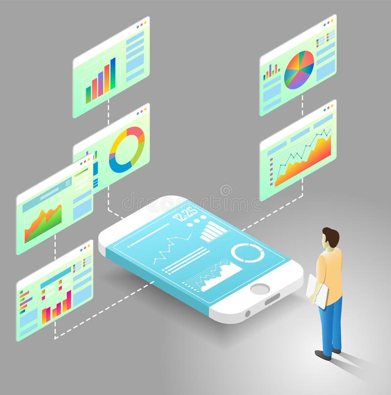 Mobile data analytics vector isometric flowchart vector illustration