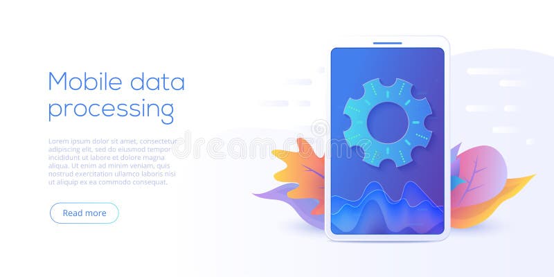 Mobile data processing technology in isometric vector illustration. Information storage and analysis system. Digital technology w stock illustration