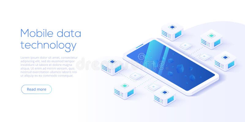 Mobile data processing technology in isometric vector illustration. Information storage and analysis system. Digital technology w vector illustration