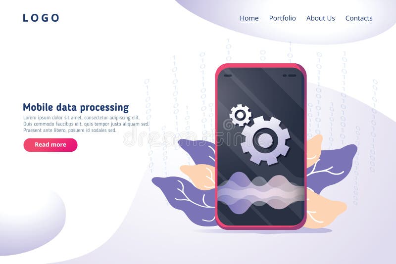 Mobile data processing technology in isometric vector illustration. Information storage and analysis system. Digital web stock illustration