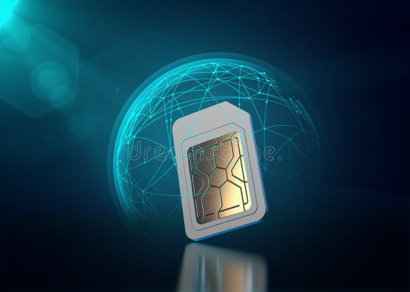 Mobile data protected with blue force field like shield around sim card. Data transfer security concept. 3D rendering stock illustration