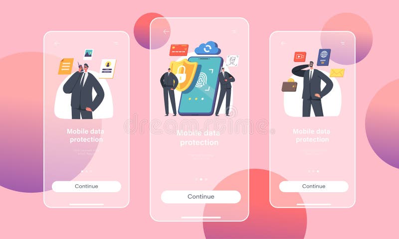 Mobile Data Protection App Page Onboard Screen Template. Guard Characters Protect Smartphone With Lock On Screen. Internet Security Service For Information Privacy Concept. Cartoon Vector Illustration