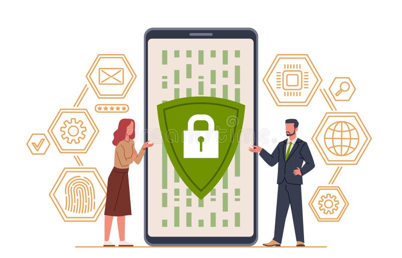 Mobile data protection. Security app on smartphone screen, privacy confidential information, individual verification stock illustration