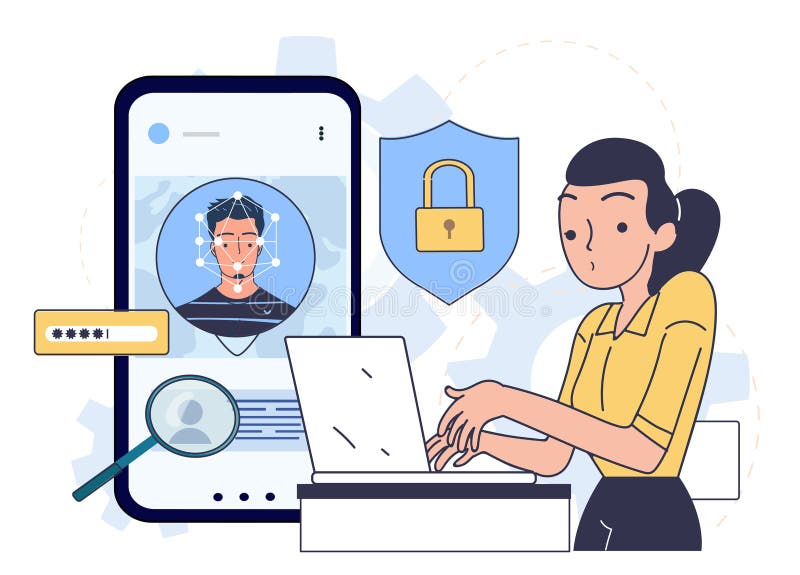 Mobile data protection. Woman with laptop near smartphone with login and password. Confidential information, personal data vector illustration