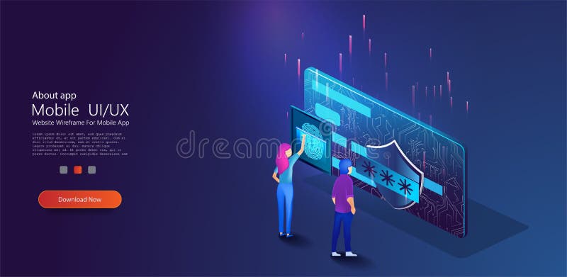 Mobile data security isometric. Online payment protection system concept with smartphone and credit card. Data protection concept. royalty free illustration