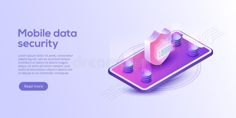 Mobile data security isometric vector illustration. Online payment protection system concept with smartphone and credit card. Sec royalty free illustration