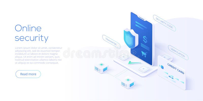 Mobile data security isometric vector illustration. Online payment protection system concept with smartphone and credit card. Sec stock illustration