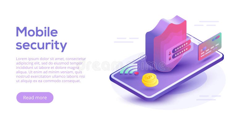 Mobile data security isometric vector illustration. Online payment protection system concept with smartphone and credit card. Sec vector illustration