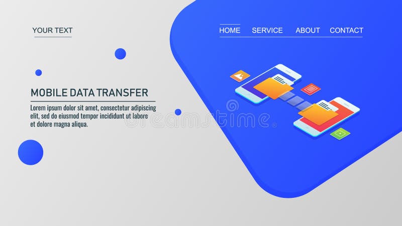 Mobile data transfer, two smartphones transferring data with each other, isometric design. royalty free illustration