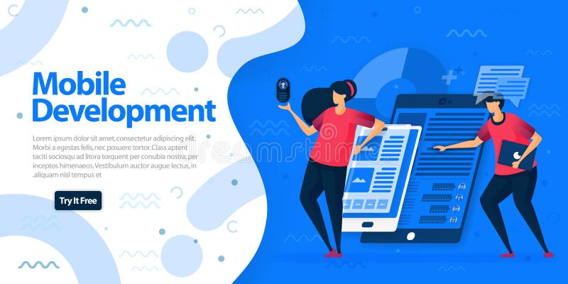 Mobile development apps websites and landing page template. Make mobile apps with more responsive and easier to access on all devi stock illustration Mobile development apps websites and landing page template. Make mobile apps with more responsive and easier to access on all devi stock illustration