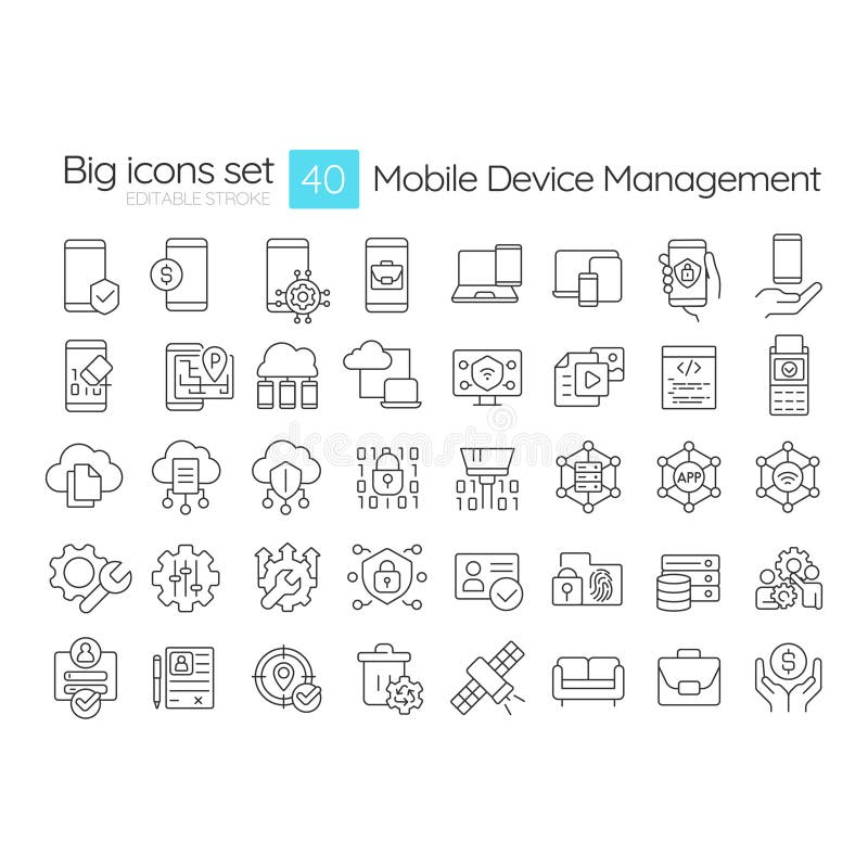 Mobile device management linear icons set royalty free illustration
