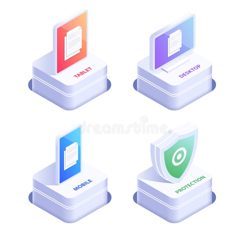 Mobile devices 3d ison set. Protection shield icons. Flat isometric vector illustration isolated on white background. vector illustration Mobile devices 3d ison set. Protection shield icons. Flat isometric vector illustration isolated on white background. vector illustration