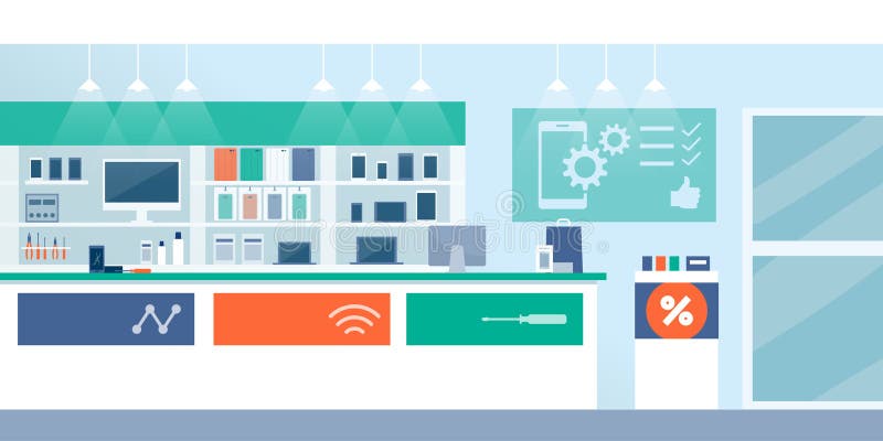Mobile, electronics and computer repair shop interior royalty free illustration