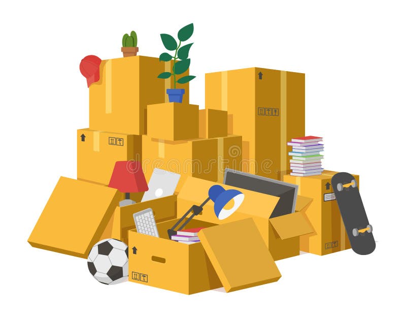 Mobile Fälle. Lieferungspappschachteln stapeln Staplungsverpackenkasten des kartons mit der neuen mobilen offenen Warenhauptliefer vektor abbildung