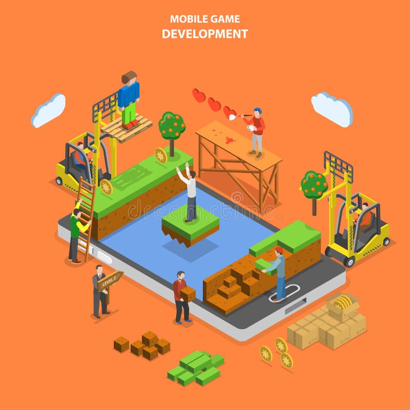 Mobile game development flat isometric vector. royalty free illustration