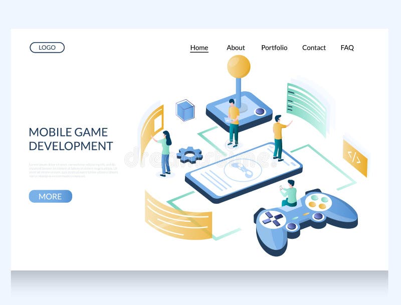 Mobile game development vector website landing page design template stock illustration