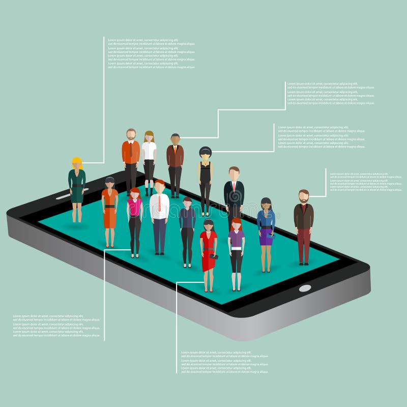 Mobile generation template with crowd of casual micro people on smart phone touch screen flat 3d web isometric infographic concept.