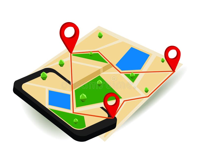 Mobile GPS navigation map and pin marker with modern digital device. royalty free illustration