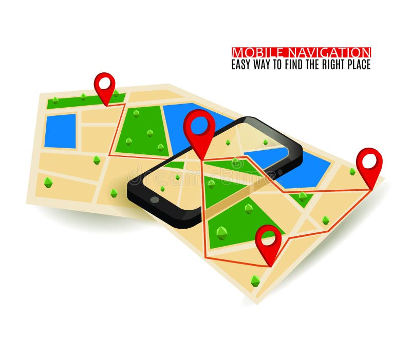 Mobile GPS navigation map and pin marker with modern digital device. stock illustration