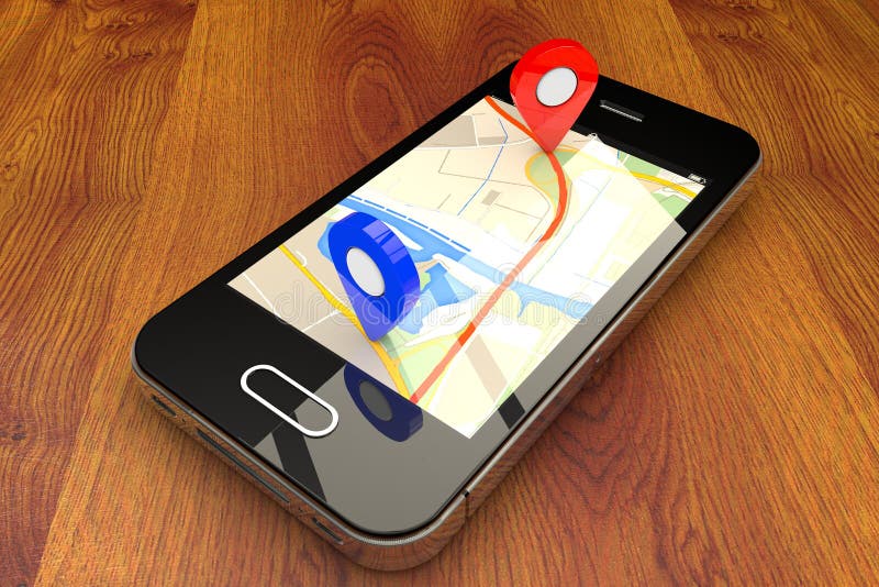 Mobile GPS navigation. Travel and tourism concept:modern black glossy touchscreen smartphone with GPS navigation application and group of pushpins on world map stock image Mobile GPS navigation. Travel and tourism concept:modern black glossy touchscreen smartphone with GPS navigation application and group of pushpins on world map stock image