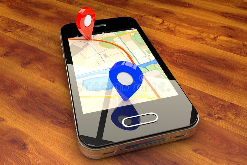 Mobile GPS navigation. Travel and tourism concept:modern black glossy touchscreen smartphone with GPS navigation application and group of pushpins on world map stock photos Mobile GPS navigation. Travel and tourism concept:modern black glossy touchscreen smartphone with GPS navigation application and group of pushpins on world map stock photos