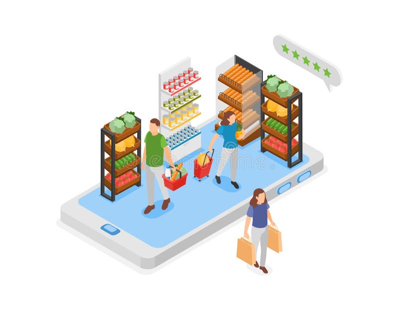 Mobile grocery store shopping concept. Shelves with food and buyers on smartphone screen. Online shop and delivery stock illustration
