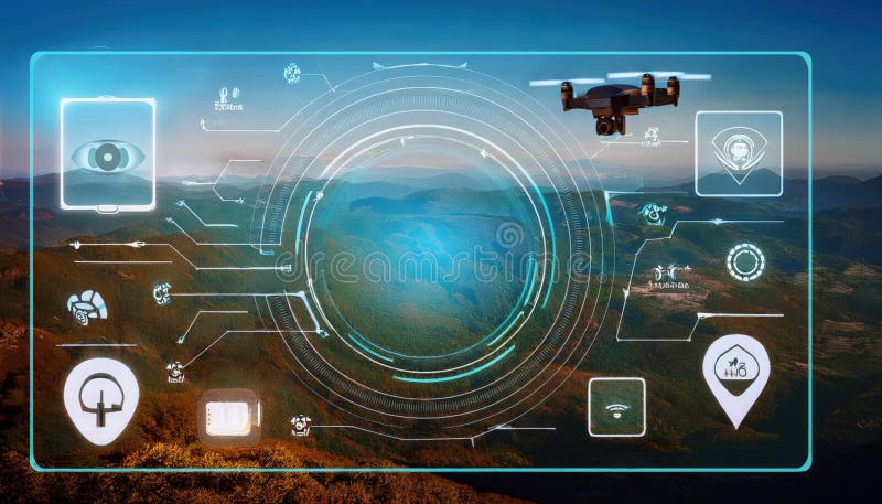 Mobile interface displaying firefly technology for tracking and controlling location services in aerial views. A mobile interface illustrates firefly technology, showcasing various icons and controls for tracking and managing locations from drone perspectives. AI generated