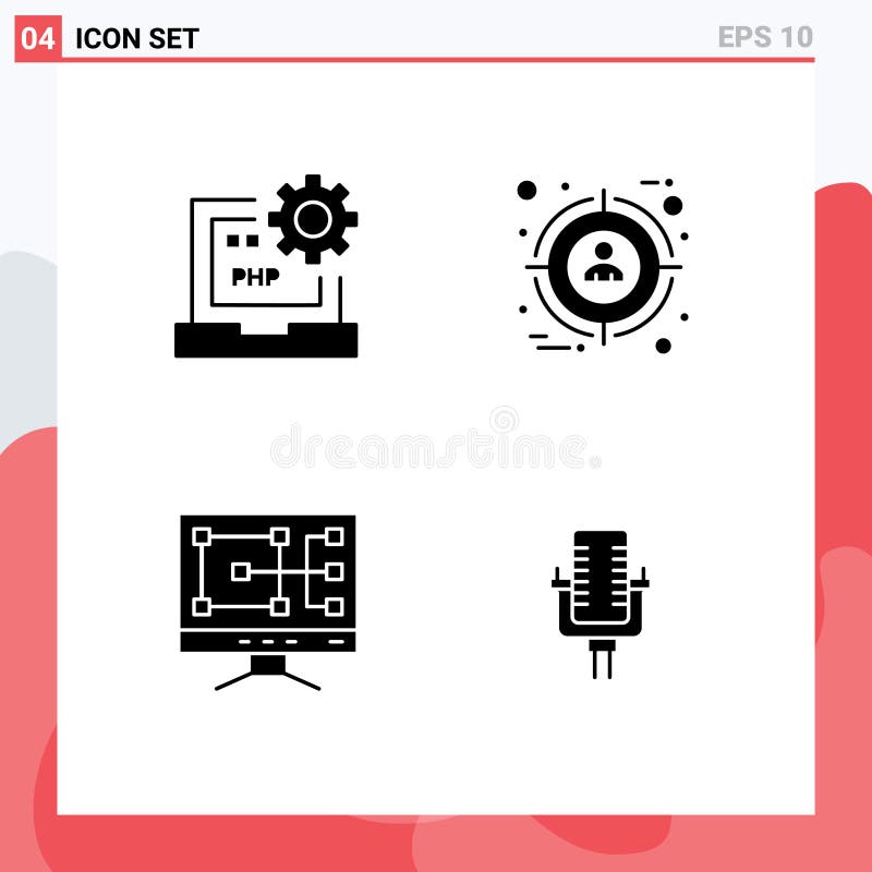Mobile Interface Solid Glyph Set of 4 Pictograms of code, computer, development, selection, repair stock illustration