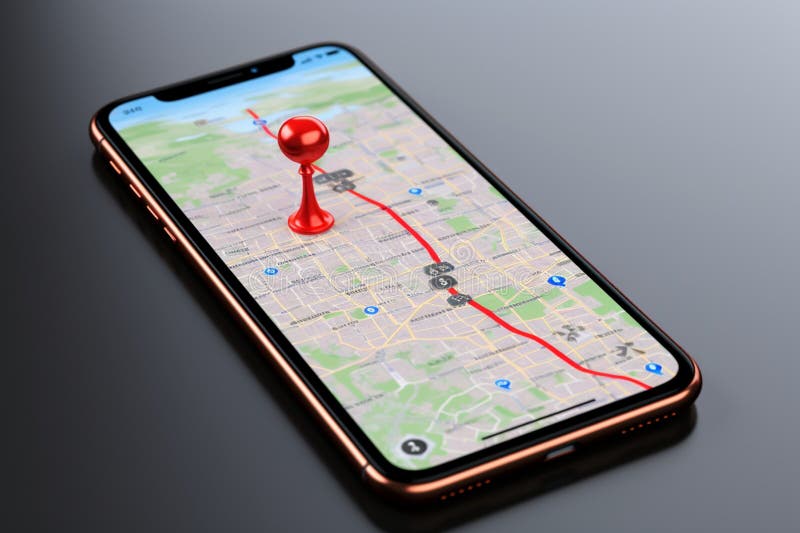 Mobile Mapping 3D Render of Smartphone with Red Map Pointer Stock
