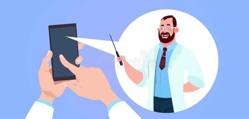 Mobile Medicine App With Hand Holding Smart Phone Over Male Doctor In Chat Bubble Background