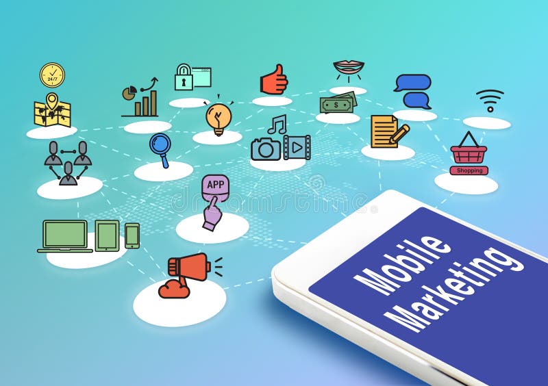 Mobile with mobile marketing and icons, Digital Marketing concept. stock illustration Mobile with mobile marketing and icons, Digital Marketing concept. stock illustration