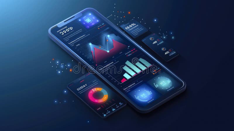 A mobile monitor displays three different graphs and a circle royalty free illustration