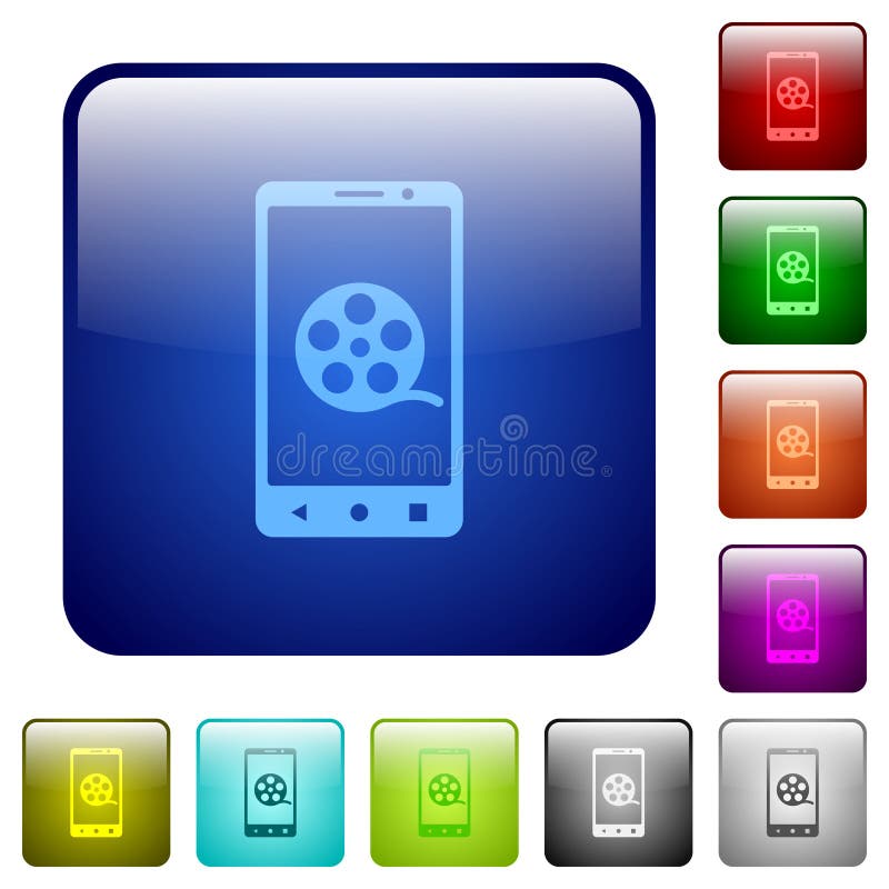 Mobile movie color square buttons. Mobile movie icons in rounded square color glossy button set